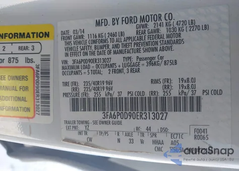 2014 Ford Fusion Titanium z USA, uszkodzony, nr VIN 3FA6P0D90ER313027